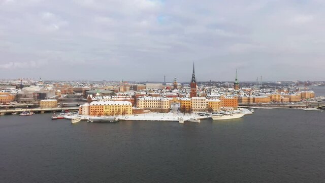 Stockholm from above, aerial footage of city skyline at winter