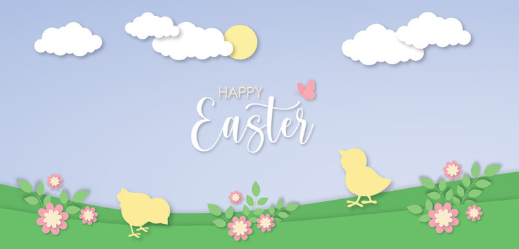 Happy Easter papercut illustration, cute baby chickens on grass, spring holidays natural landscape vectors