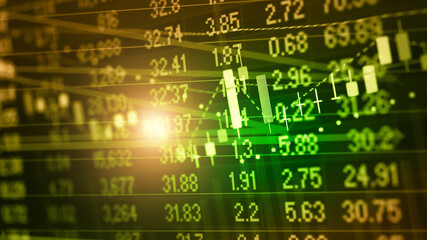 Fototapeta premium Financial data in term of a digital prices on LED display. A number of daily market price and quotation of prices chart to represent candle stick tracking in Forex trading. 