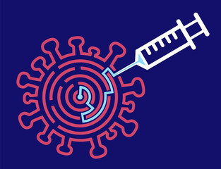 
Coronavirus vaccine injection, victory over COVID-19, maze concept.
Symbol of coronavirus with labyrinth and injection symbolizing success in the treatment of viral epidemics. Vector available.