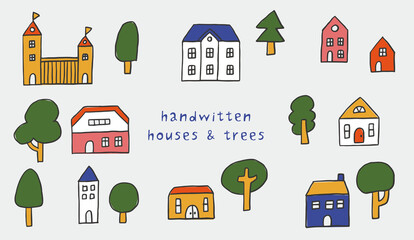 手書き風の小さな可愛い家と木がある街並み