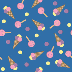 Ice cream pattern on blue background, vector illustration textile print wallpaper