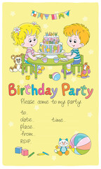 Invitation birthday party card with happy little kids friendly smiling and sitting around a fancy sweet cake decorated with colorful letters candles, vector cartoon illustration