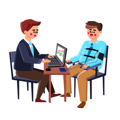 Polygraph Test Passing Young Man In Office Vector. Computer Showing Physiological Measures Of Boy Undergoing Lie Detector Polygraph. Character Examining Expert Testing Guy Flat Cartoon Illustration