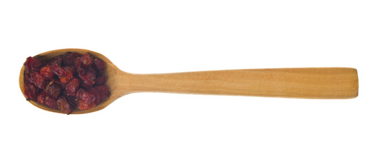 Barberry spices in a wooden spoon isolated on white background close-up.