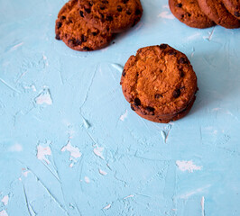 Cookies with chocolate icing, on a light blue background, copy space, template