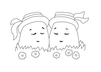 The outline of pair of easter eggs in hats with ribbons in grass with flowers