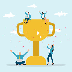 Team success recognition, reward for teamwork to achieve business goal, victory for coworkers to complete work mission concept, happiness success businessmen and women team holding winning trophy cup.