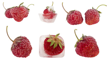 Collection of Frozen strawberries Isolated on white background.