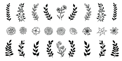 Set of vector vintage floral elements. Cute set of doodle frames and borders. Elements flowers, branches, swashes and flourishes	