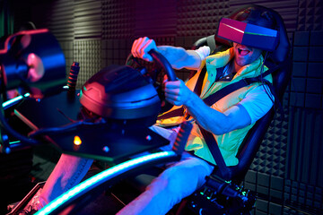 Young man in virtual reality space