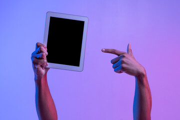 Hands Of African Male Pointing At Digital Tablet With Black Screen