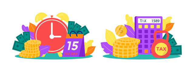 Fototapeta premium Pay money, make accounting about financial tax time and income, vector illustration. Business finance payment concept, flat taxation symbol design.