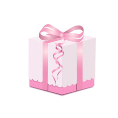 Illustration of a cute gift box with a bow and ribbons in pink shades with shadows. For festive design for Christmas, New Year, birthday and wedding