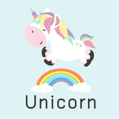 Magic cute unicorn cartoon  jumping over rainbow