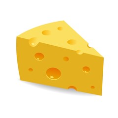 Vector image of a sliced large thick piece of cheese. Piece of cheese on an isolated background. Cheese with holes.