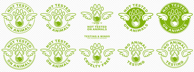 Concept for product packaging. Labeling - not tested on animals. Animal footprint icon with test drop and wings - symbol of freedom to test on animals. Vector set.