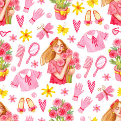 Cute watercolor pattern with girl, flowers, girly items and clothes. Pink girly print on a white background.