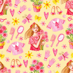 Cute watercolor pattern with girl, flowers, girly items and clothes. Pink girly print on a yellow background.