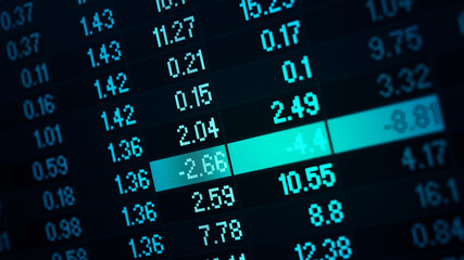 Financial data in term of a digital prices on LED display. A number of daily market price and quotation of prices chart to represent candle stick tracking in Forex trading.	
