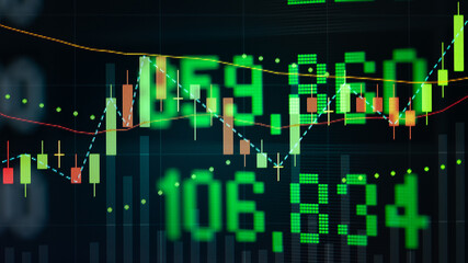 Financial data in term of a digital prices on LED display. A number of daily market price and quotation of prices chart to represent candle stick tracking in Forex trading.	
