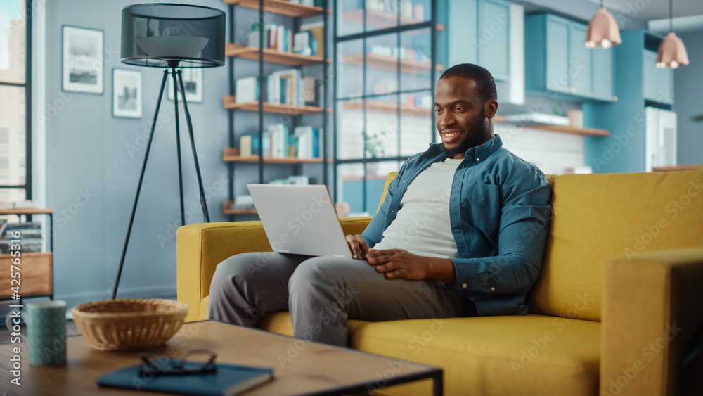 Poster handsome black african american man working on laptop computer while sitting on a sofa in cozy livin