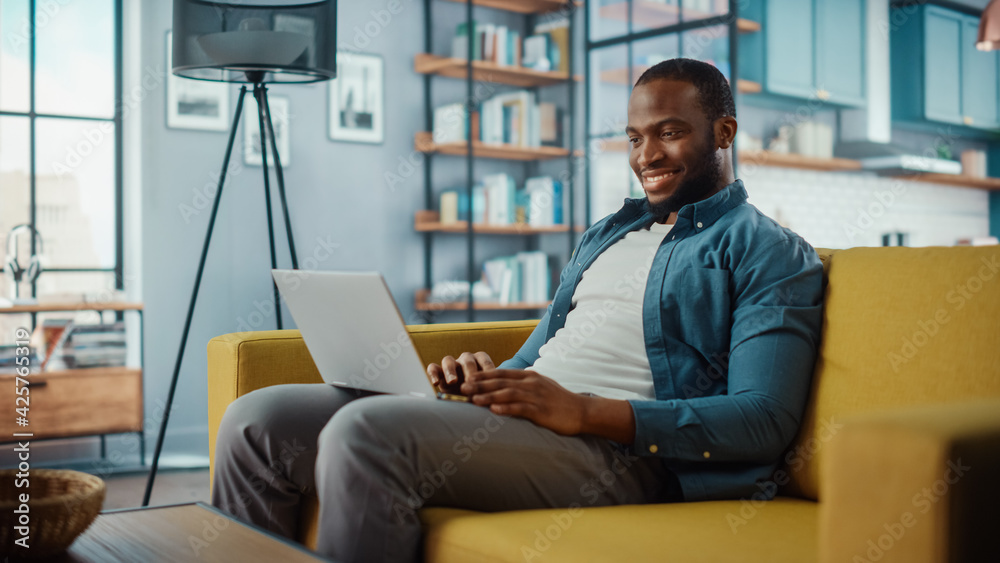 Poster handsome black african american man working on laptop computer while sitting on a sofa in cozy livin