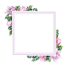 Magnolia flower square frame. Tender pink magnolia flowers and leaves. Watercolor illustration. Realistic minimal decoration. Elegant frame of spring blossoms and green leaf. On white background