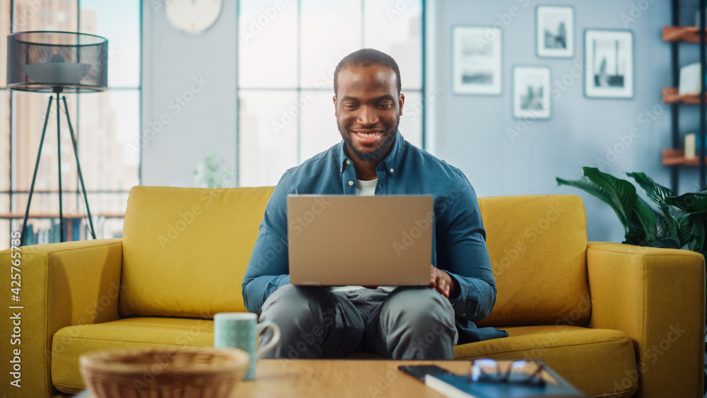 Poster handsome black african american man working on laptop computer while sitting on a sofa in cozy livin