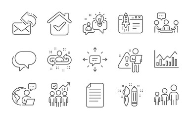 Idea, Business hierarchy and Share mail line icons set. Start business, Recruitment and Sms signs. People chatting, Creativity and Talk bubble symbols. Infochart, File. Line icons set. Vector