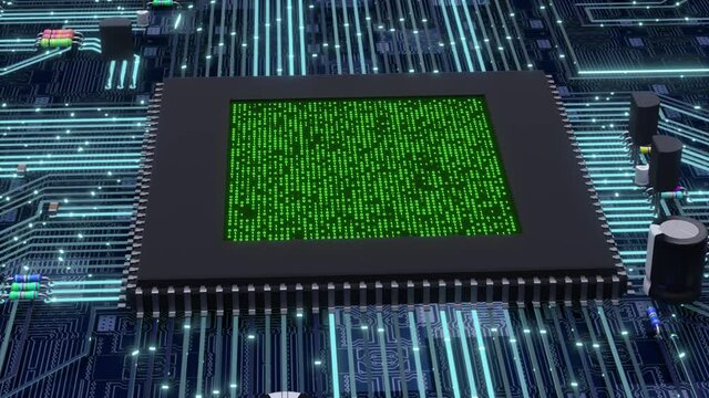A microprochip shows its core that is working and displays the elaboration data as the continuous change of the bits from 0 to 1, installed over a circuit board with some electronic components.