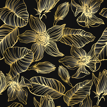 Black-golden seamless floral pattern. Golden decorative flowers.