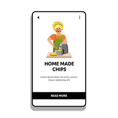Home Made Chips Cooking Girl In Frying Tool Vector. Young Woman Frying Home Made Chips, Snack Cooked From Natural Vegetable. Characters Cook Homemade Dish Web Flat Cartoon Illustration