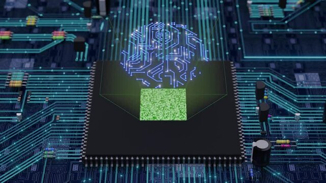 Close up of a microprocessor that shows its core that projects a virtual electronic brain, installed over a circuit board with some electronic components and electricity activity