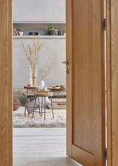 Close up door and living room background style, wood material, open the door.
