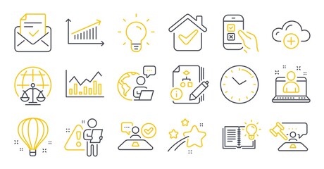 Set of Education icons, such as Best manager, Mobile survey, Product knowledge symbols. Air balloon, Time, Infochart signs. Magistrates court, Light bulb, Algorithm. Cloud computing, Chart. Vector