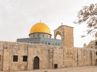 Fototapeta na wymiar The Dome of Yusuf built by Salah ad-Din at the end of the 12th century and the Dome of the Rock mosque are on the Temple Mount in the Old Town of Jerusalem in Israel