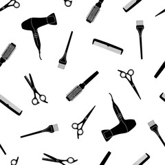 Seamless pattern with hairdressing tools on a white background. Black silhouette of hair salon accessories for templates, business cards, textiles or wrapping paper, vector illustration.
