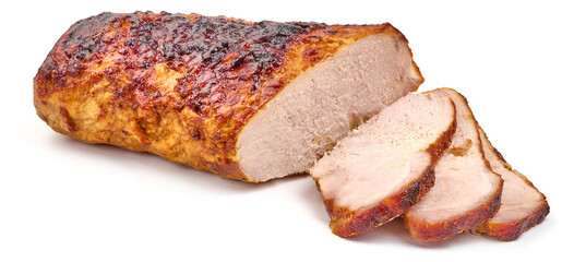 Roasted pork meat, baked spicy meat, isolated on white background