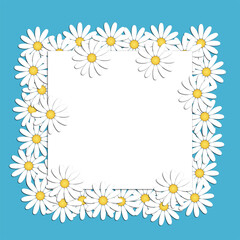 Beautiful modern background with white chamomile flowers with a blank sheet of writing paper in the center. Floral fashion creative ideas. Stylish nature spring or summer background.
