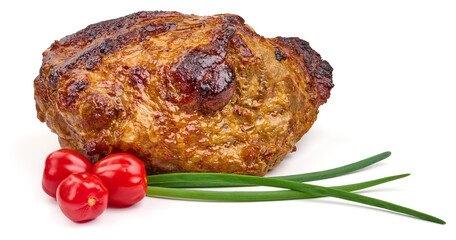 Baked pork roast, spicy glazed meat, isolated on white background
