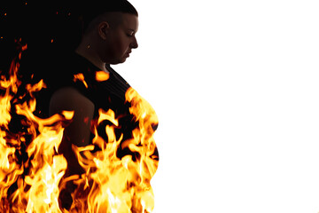 Fat burn. Double exposure silhouette. Weight loss. Body shaming. Orange fire flame in dark contrast profile portrait of depressed overweight chubby woman isolated on white copy space background.