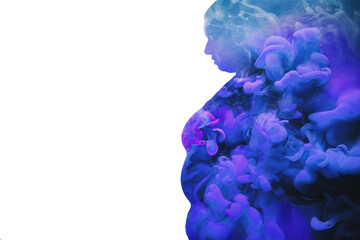 Weight loss. Double exposure shape. Body shaming. Blue purple smoke cloud in profile silhouette portrait of depressed unhappy overweight obese chubby woman isolated on white copy space background. - obrazy, fototapety, plakaty