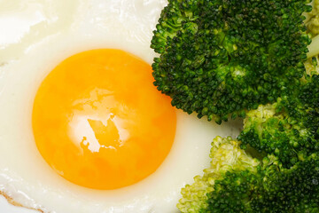    Fried eggs with broccoli for healthy breakfast. Healthy lifestyle concept.  Selective focus on...