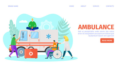 Ambulance car, landing page vector illustration. Man people character near emergency transport, medical help for cartoon patient concept.