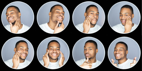 Male grooming. Skincare collage. Cosmetic product. Portrait of cheerful satisfied African man...
