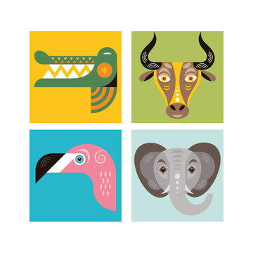  Animal faces. Vector illustrations. Animal portraits. Zoo collection. Crocodile, flamingo, elephant and bull. Squared images