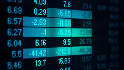 Fototapeta premium Financial data in term of a digital prices on LED display. A number of daily market price and quotation of prices chart to represent candle stick tracking in Forex trading. 
