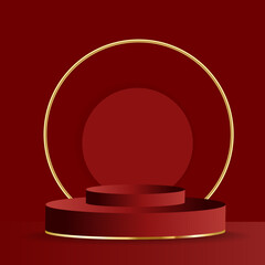 Cosmetic products stand. Round shape of a sphere on a red background. Vector illustration 3D rendering