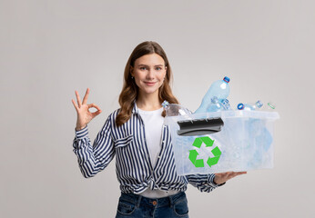 Beautiful Young Female Holding Container With Empty Plastic Bottles For Recycling